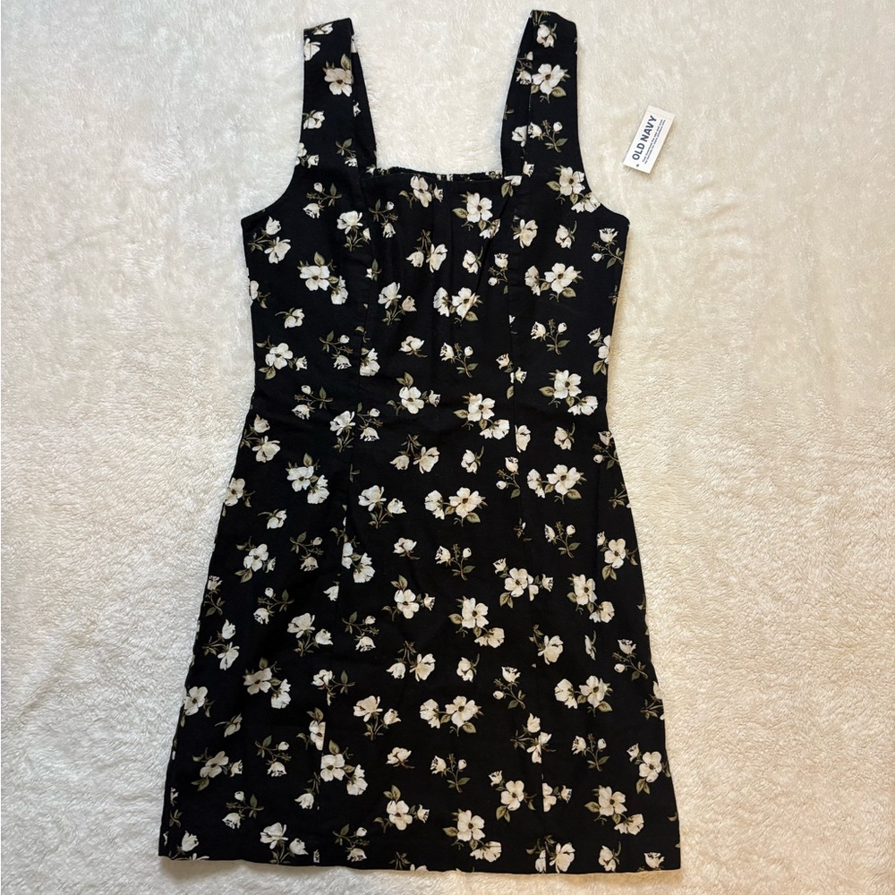 Old Navy Black Floral Square Neck Mini Dress